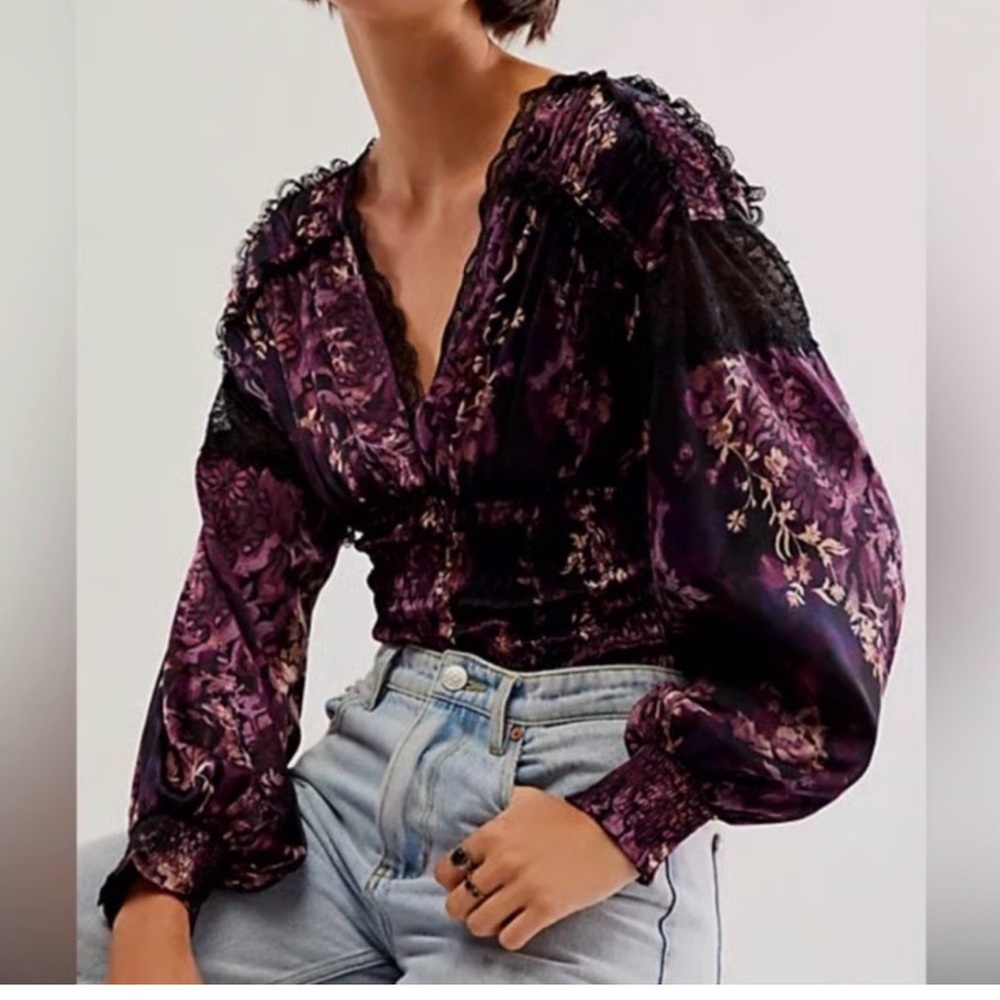 NWT Free People Intimately Purple Floral Blouse Bodysuit XS